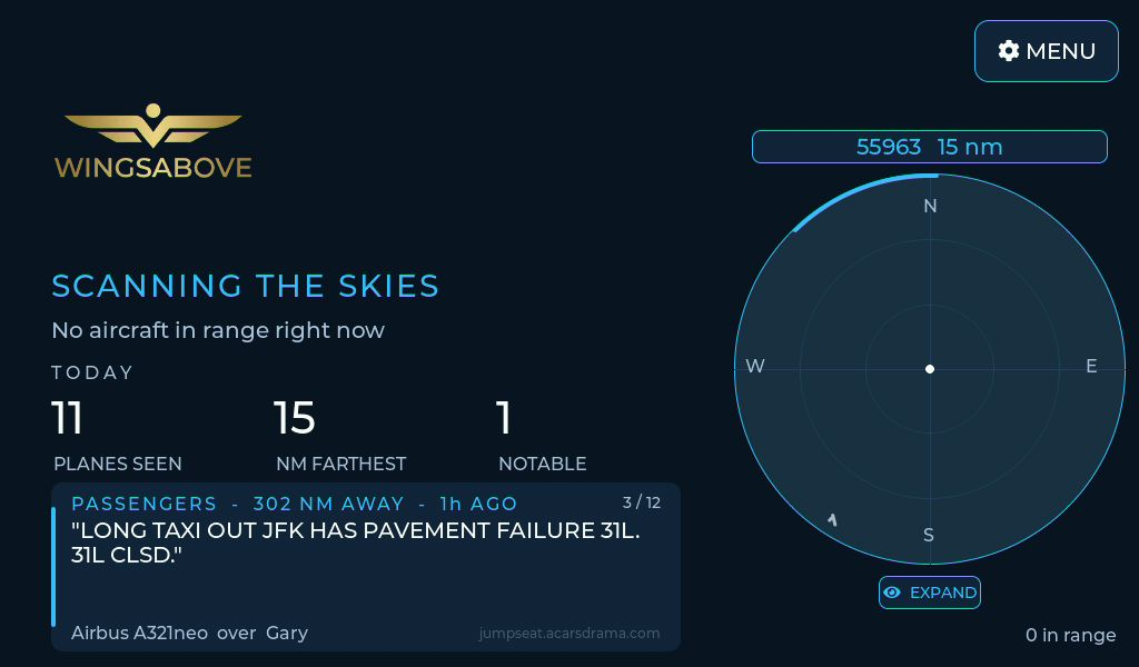 WingsAbove standby screen showing an ACARS message from an Airbus A321neo over Gary, Indiana, reading: LONG TAXI OUT JFK HAS PAVEMENT FAILURE 31L. 31L CLSD.