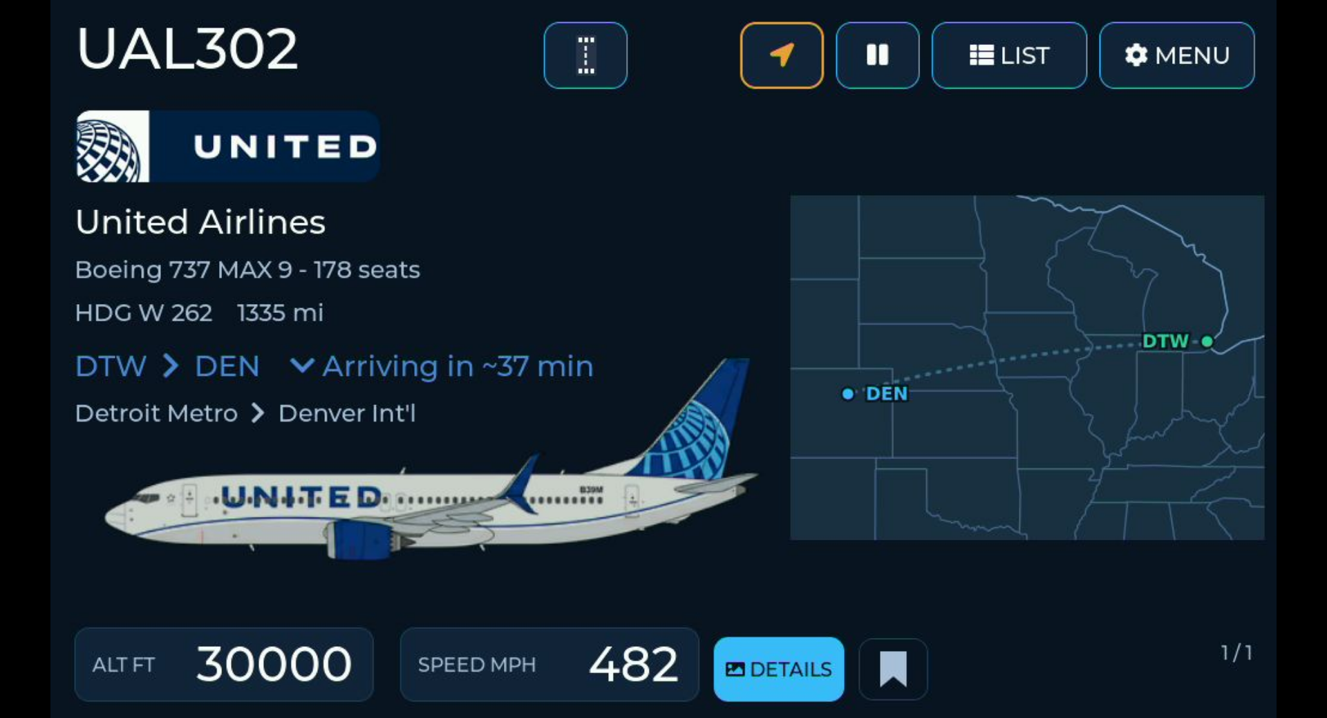 Illustrative Crew Mode live flight card showing an airborne Boeing 737 with airline livery, route map, altitude and speed