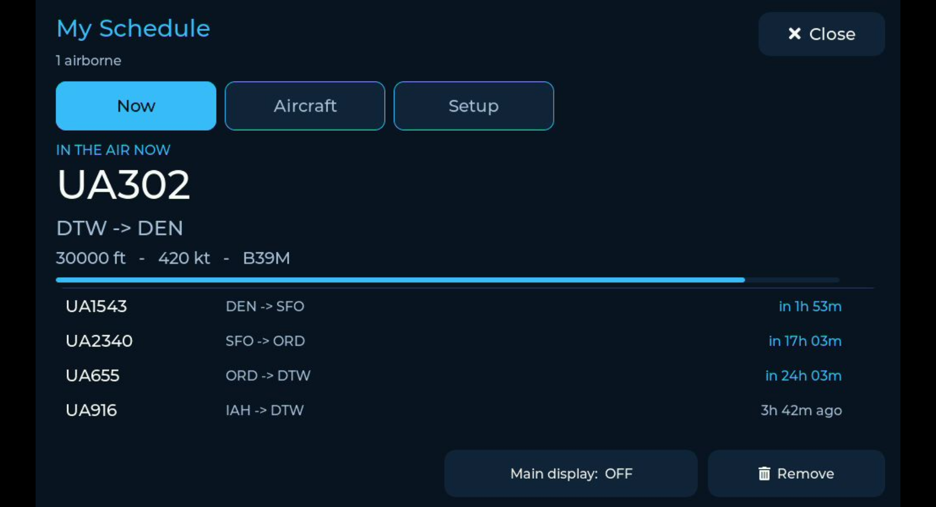 WingsAbove Crew Mode schedule showing one flight airborne, upcoming legs, and a recently completed leg