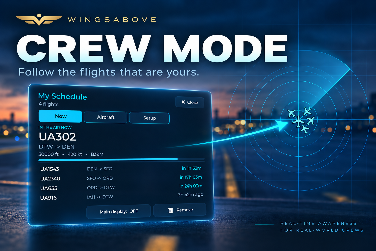WingsAbove Track Fleet artwork showing a WingsAbove display following named aircraft